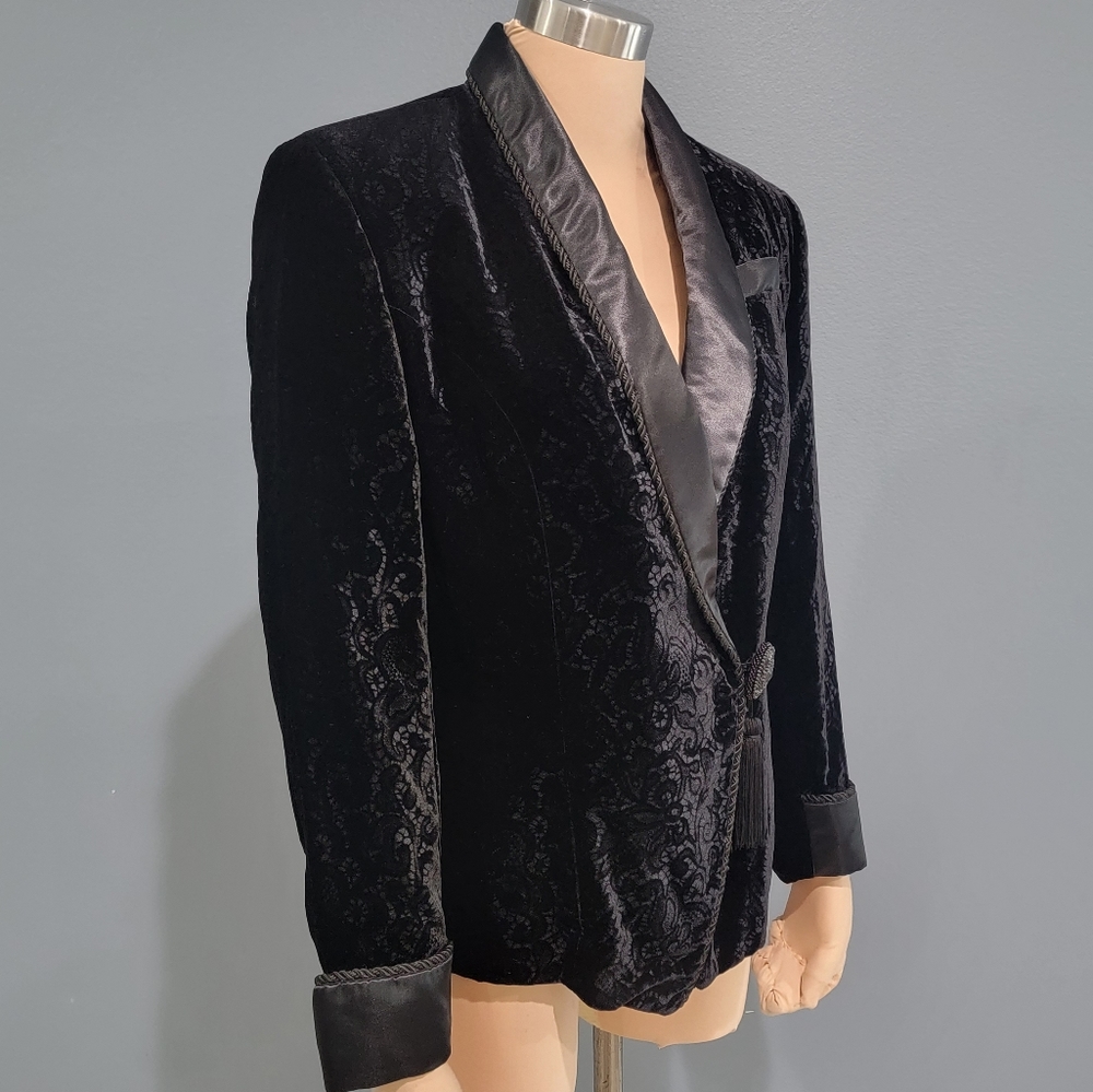 Vintage LW WARDY Black Embossed Velvet Satin Collar Smoking Jacket Blazer M/L - Picture 5 of 11